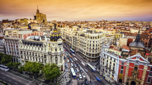 Best off peak holiday destinations in Spain: Aerial view of a busy road in Madrid